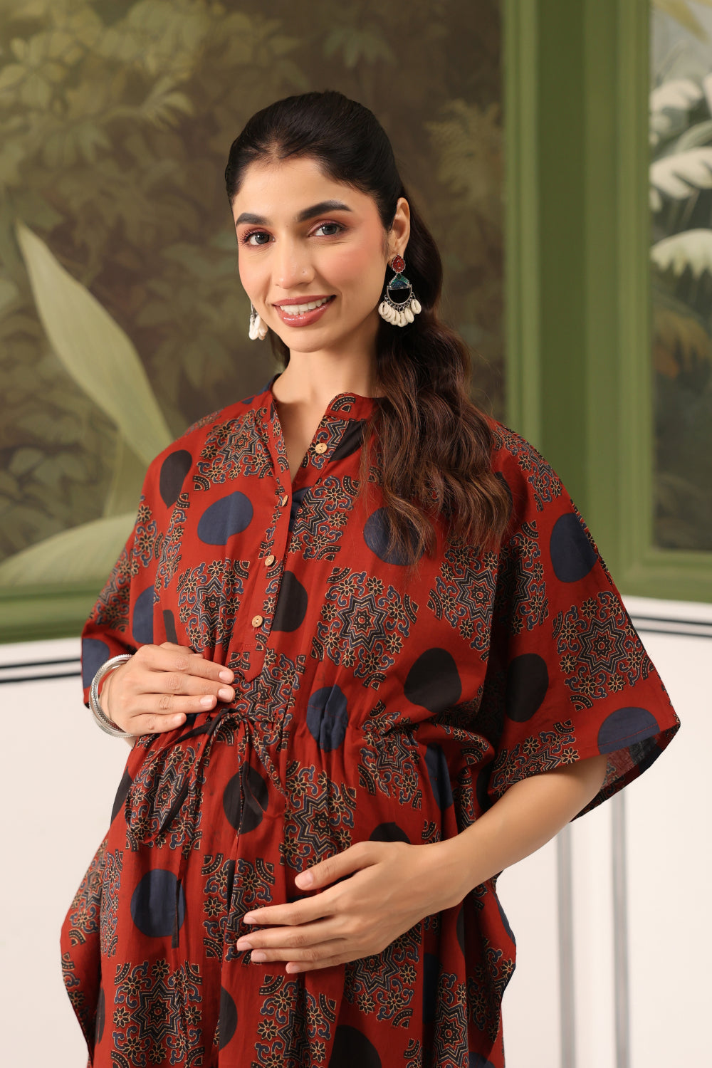 Maroon Mandala Cotton Maternity - Nursing Kaftan ( One-Size )