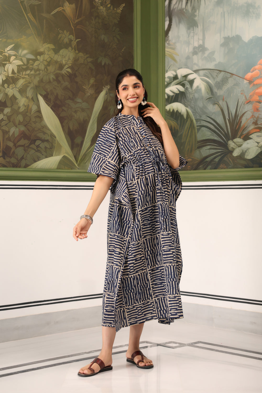 Indigo Maze Cotton Maternity - Nursing Kaftan ( One-Size )