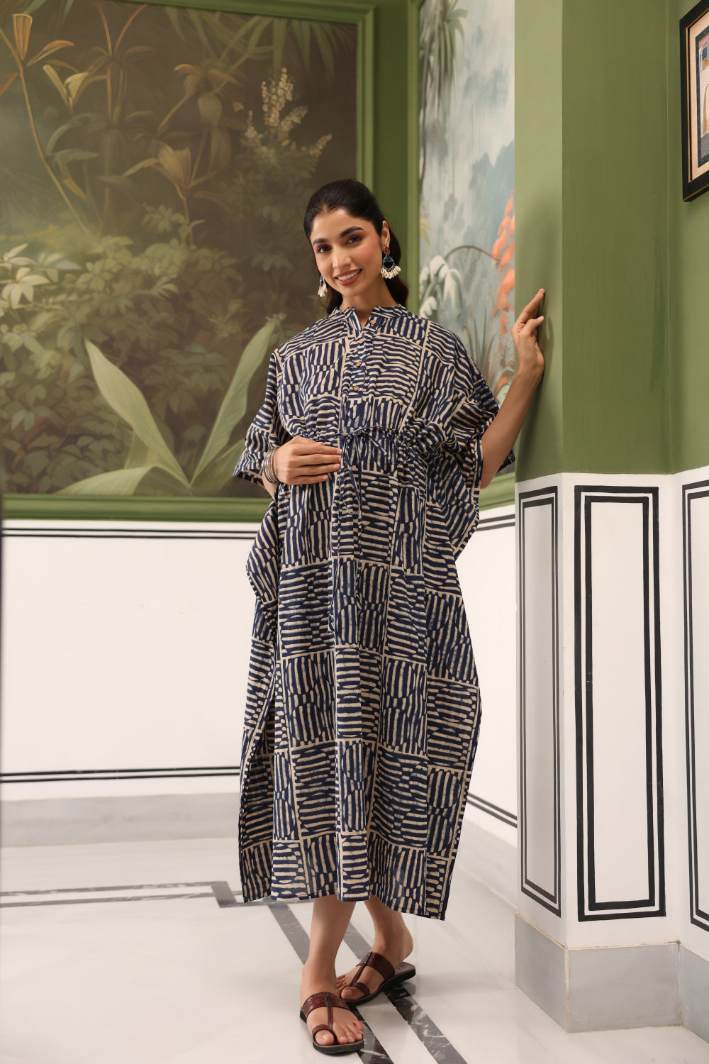 Indigo Maze Cotton Maternity - Nursing Kaftan ( One-Size )