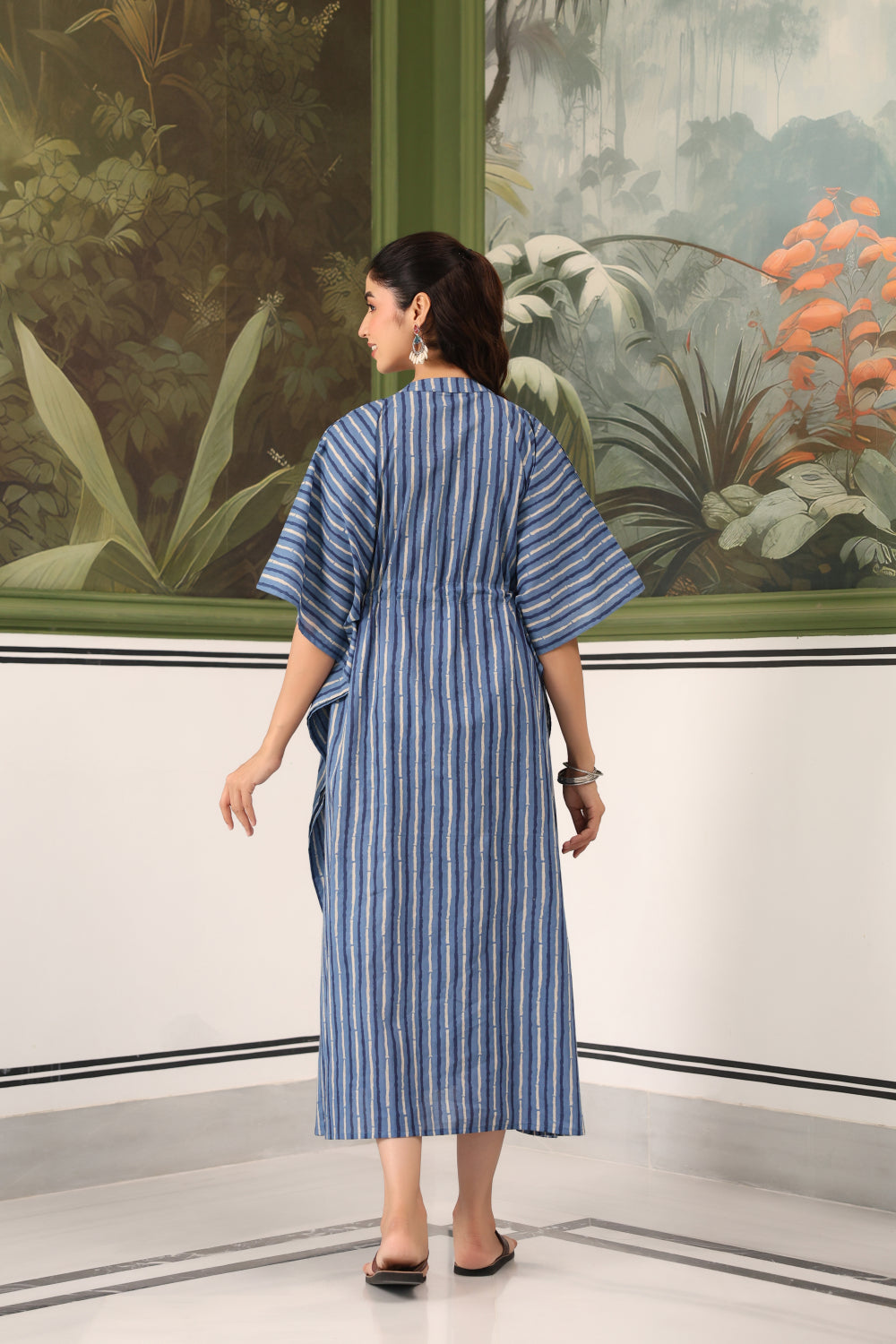 Indigo Stripes Cotton Maternity - Nursing Kaftan ( One-Size )