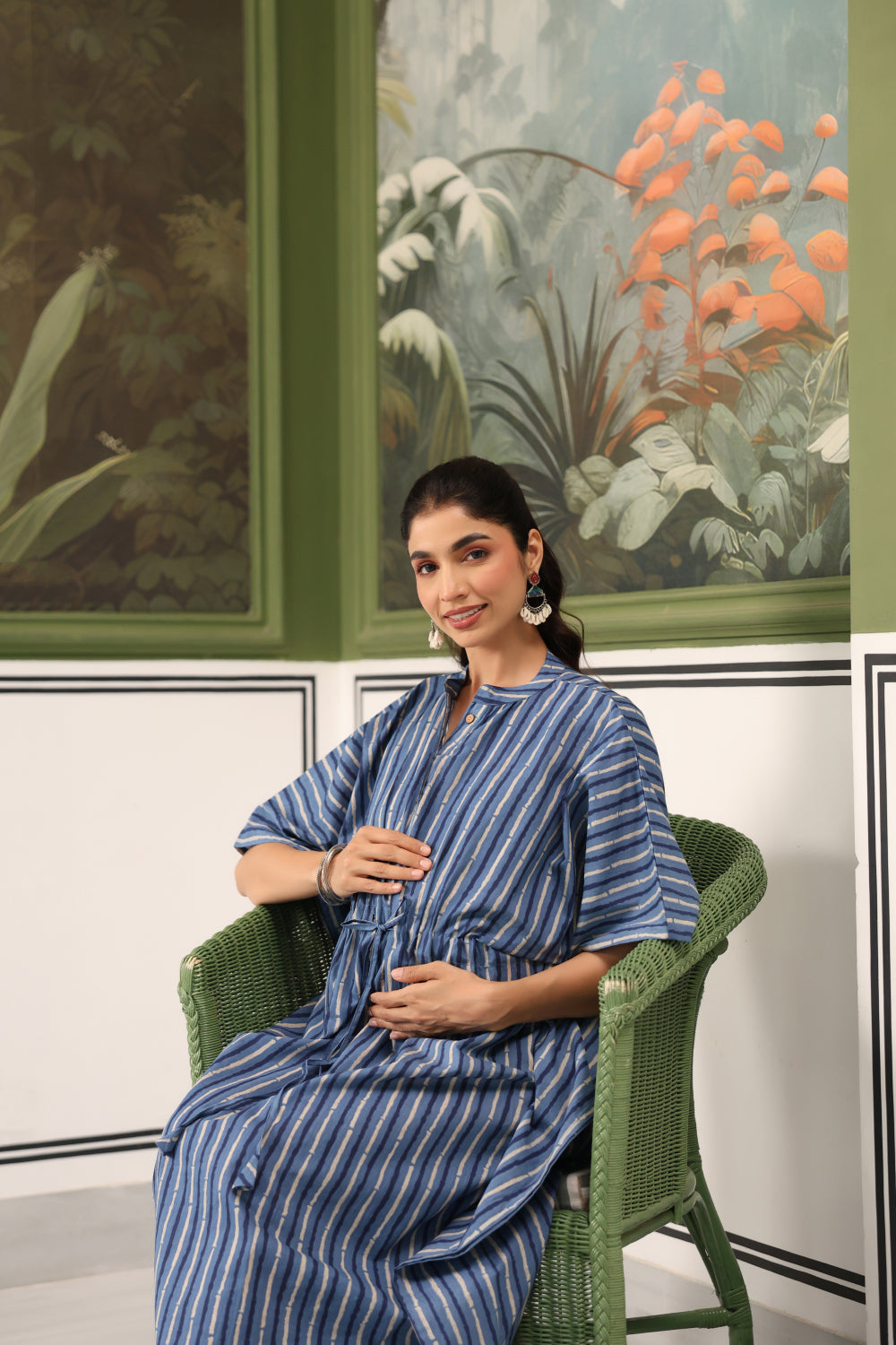 Indigo Stripes Cotton Maternity - Nursing Kaftan ( One-Size )