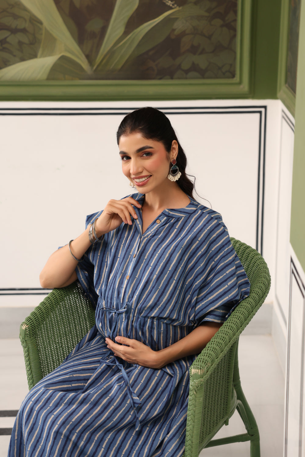 Indigo Stripes Cotton Maternity - Nursing Kaftan ( One-Size )