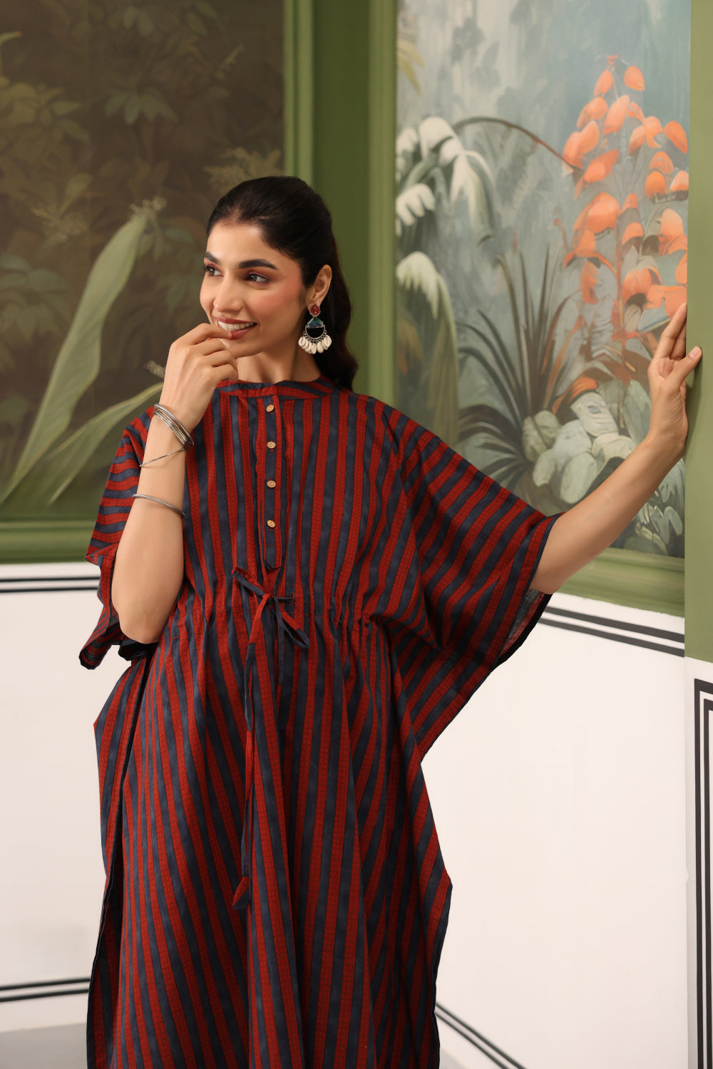 Ajrakh Stripes Cotton Maternity - Nursing Kaftan ( One-Size )