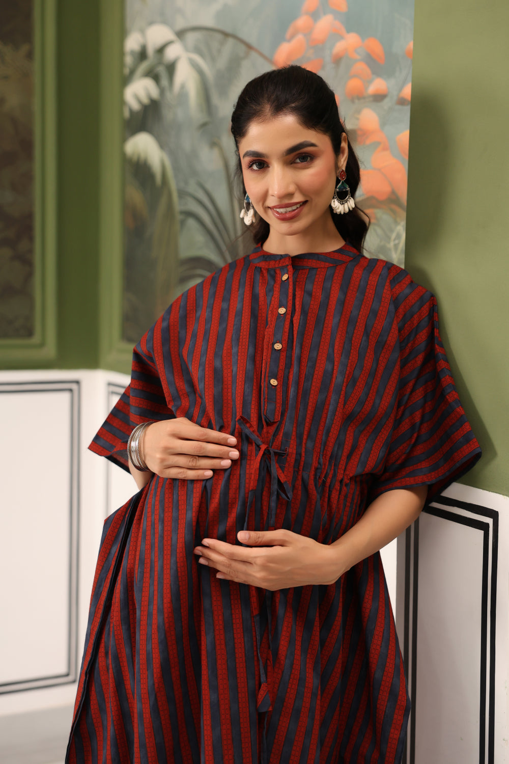 Ajrakh Stripes Cotton Maternity - Nursing Kaftan ( One-Size )