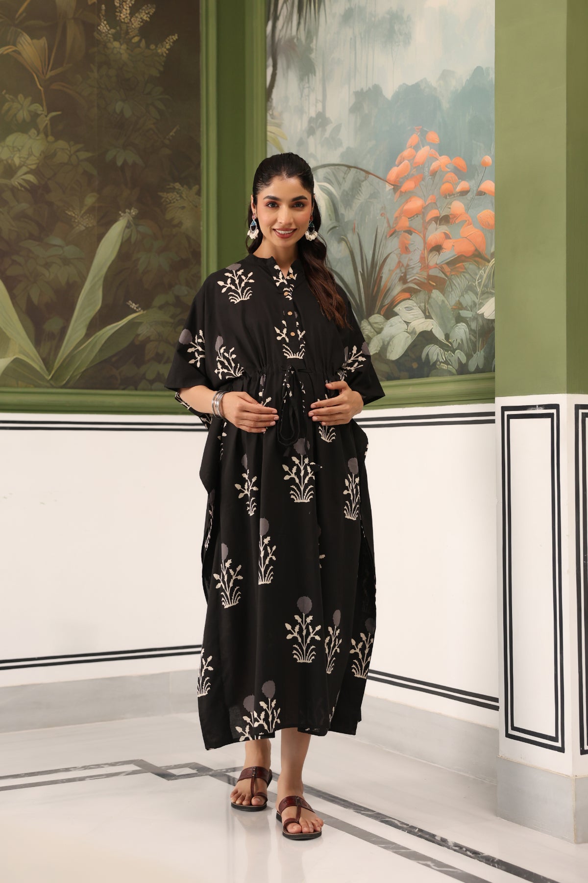 Moonlit Garden Cotton Maternity - Nursing Kaftan ( One-Size )