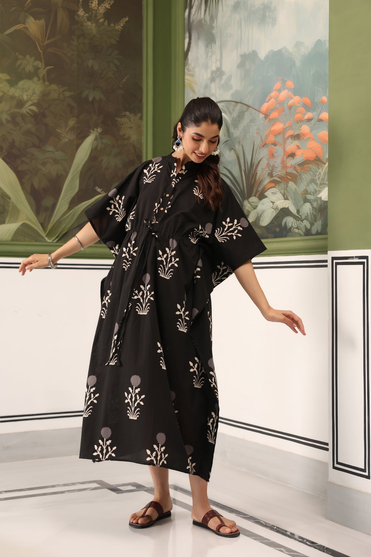 Moonlit Garden Cotton Maternity - Nursing Kaftan ( One-Size )