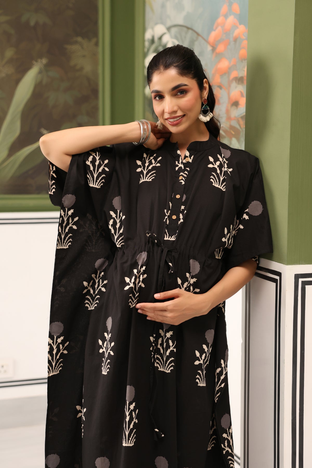 Moonlit Garden Cotton Maternity - Nursing Kaftan ( One-Size )