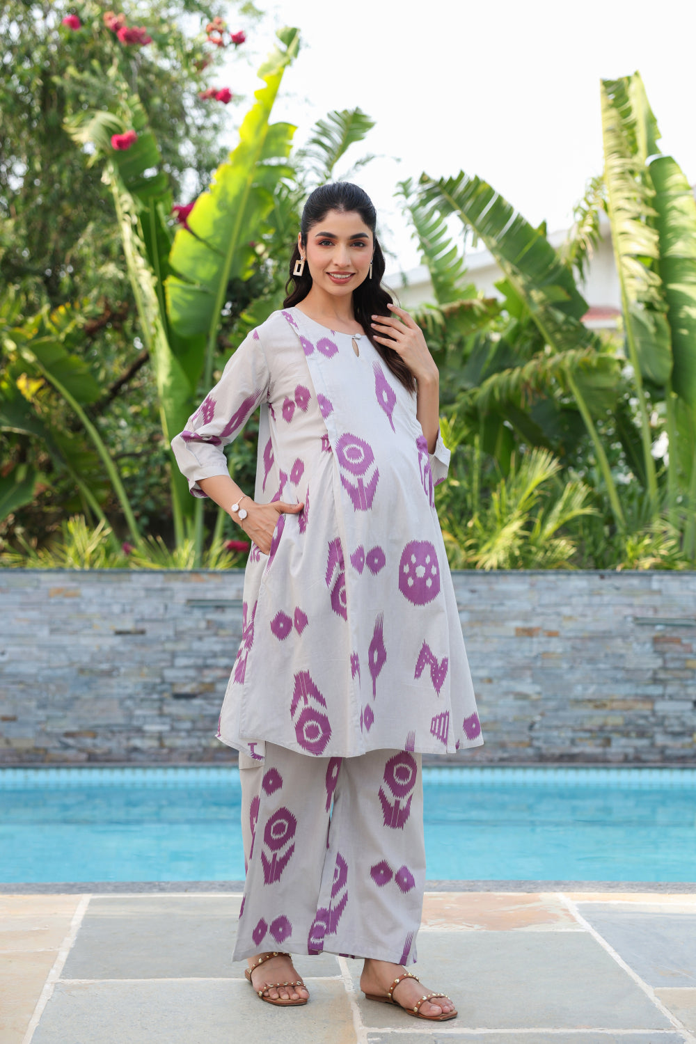 French Grey Classic Ikat Cotton Maternity - Nursing Co-ord Set