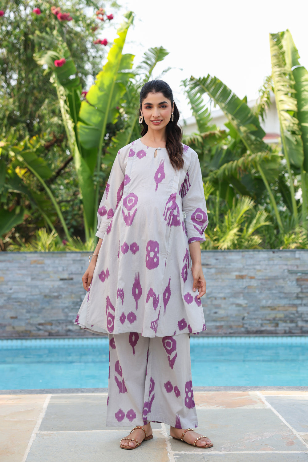 French Grey Classic Ikat Cotton Maternity - Nursing Co-ord Set