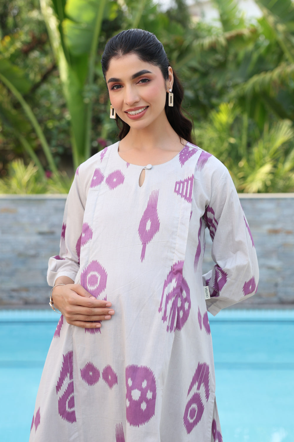 French Grey Classic Ikat Cotton Maternity - Nursing Co-ord Set