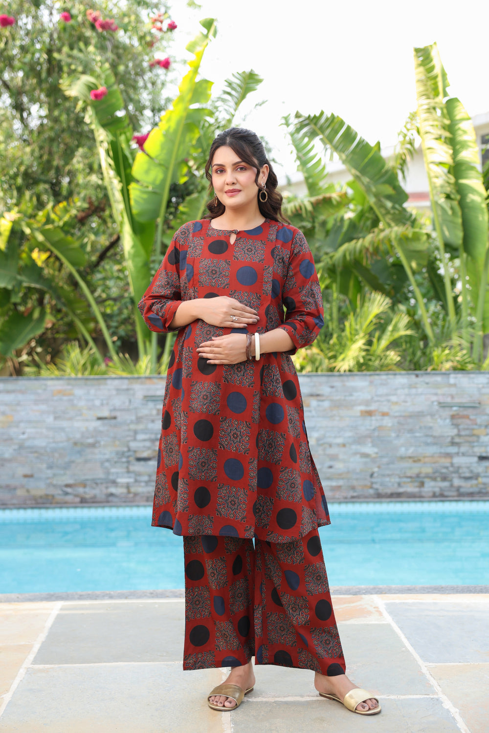 Maroon Mandala Cotton Maternity - Nursing Co-ord Set