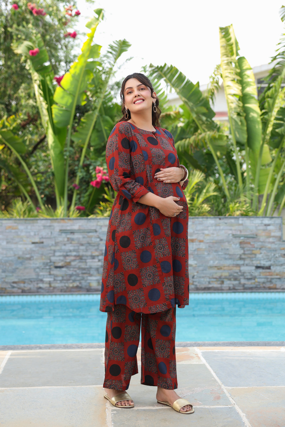 Maroon Mandala Cotton Maternity - Nursing Co-ord Set