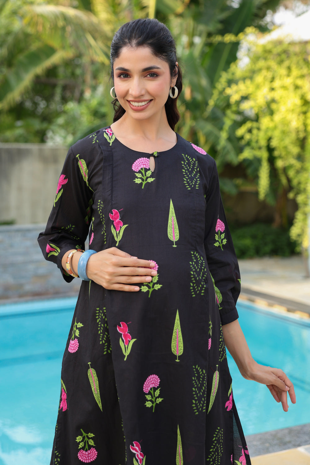 Power Black Mughal Boota Cotton Maternity - Nursing Co-ord Set
