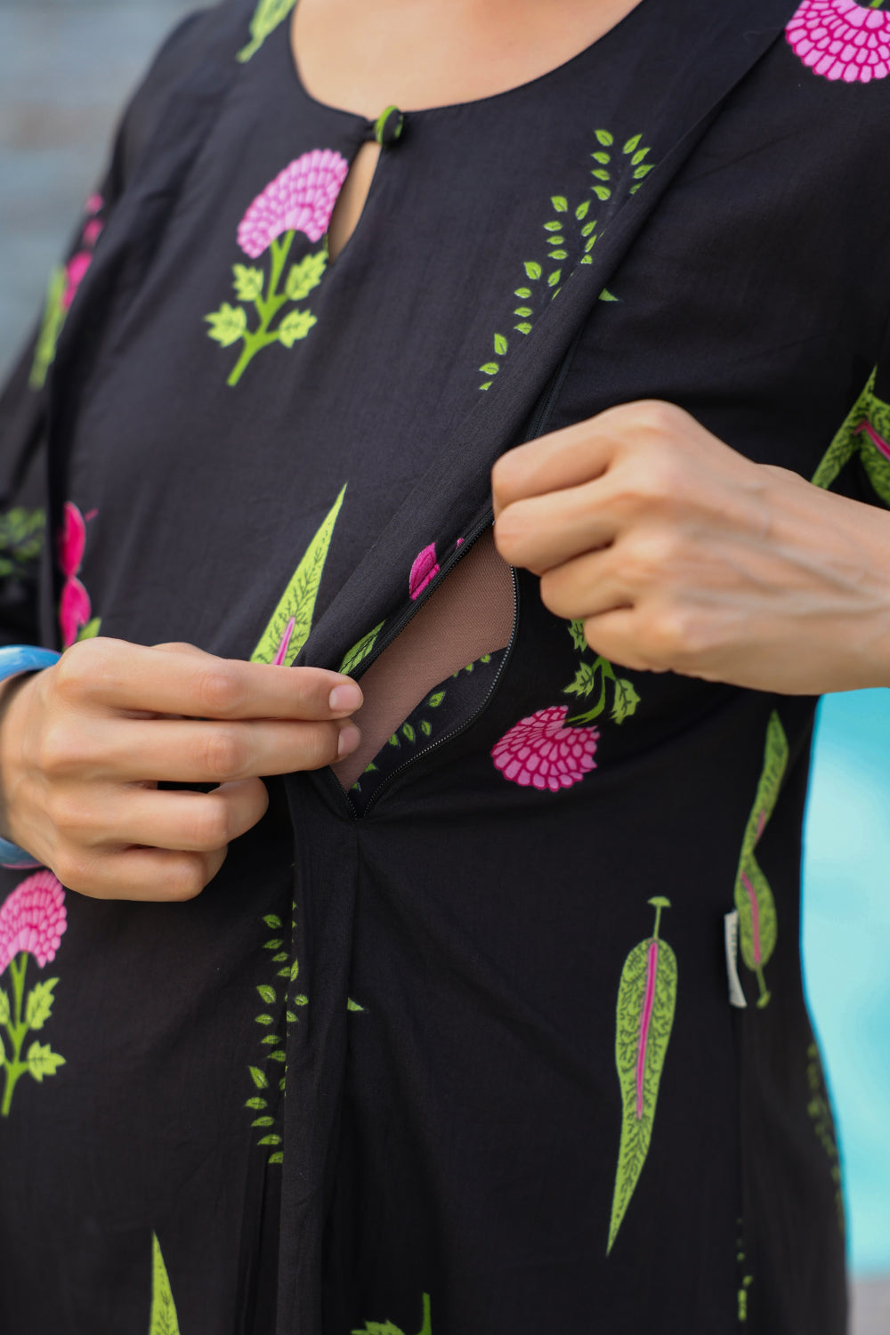 Power Black Mughal Boota Cotton Maternity - Nursing Co-ord Set