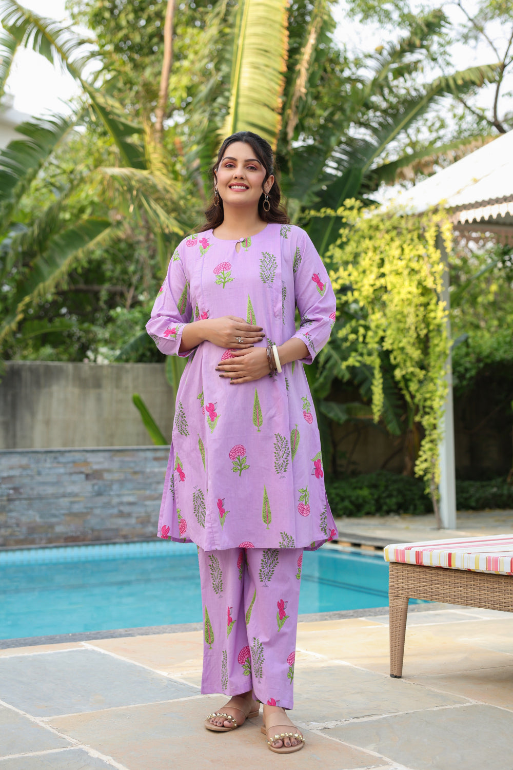 Lilac Glow Mughal Boota Cotton Maternity - Nursing Co-ord Set