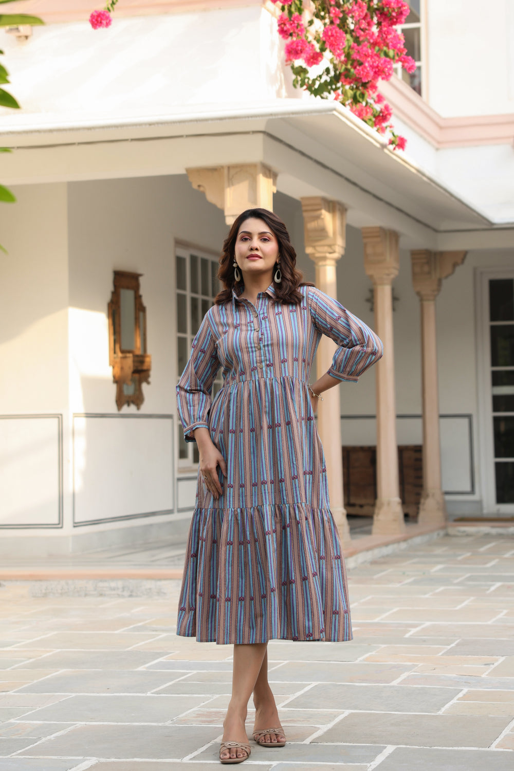 Azure Ajrakh Lines Cotton Dress