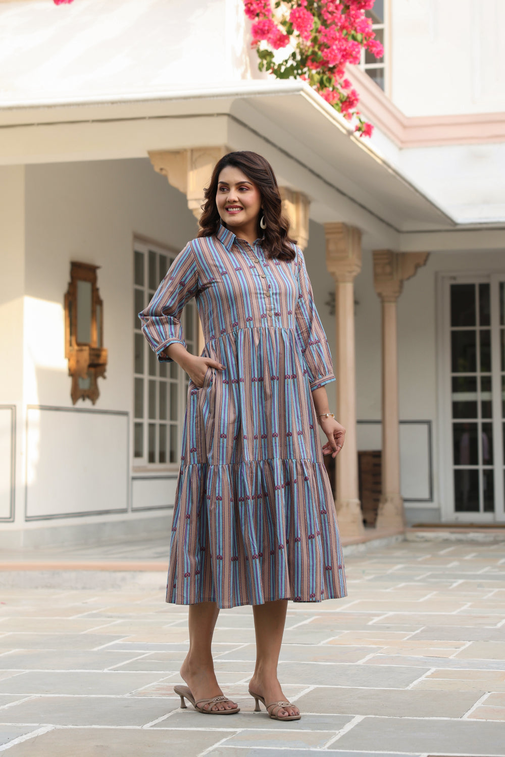 Azure Ajrakh Lines Cotton Dress