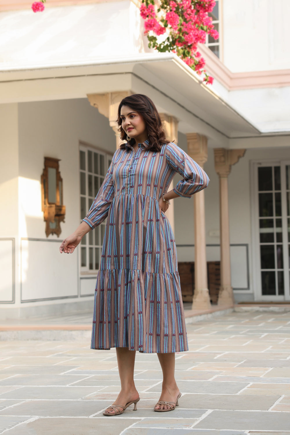 Azure Ajrakh Lines Cotton Dress