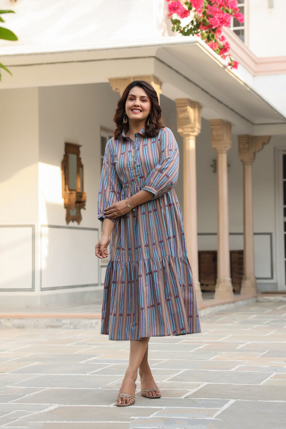 Azure Ajrakh Lines Cotton Dress