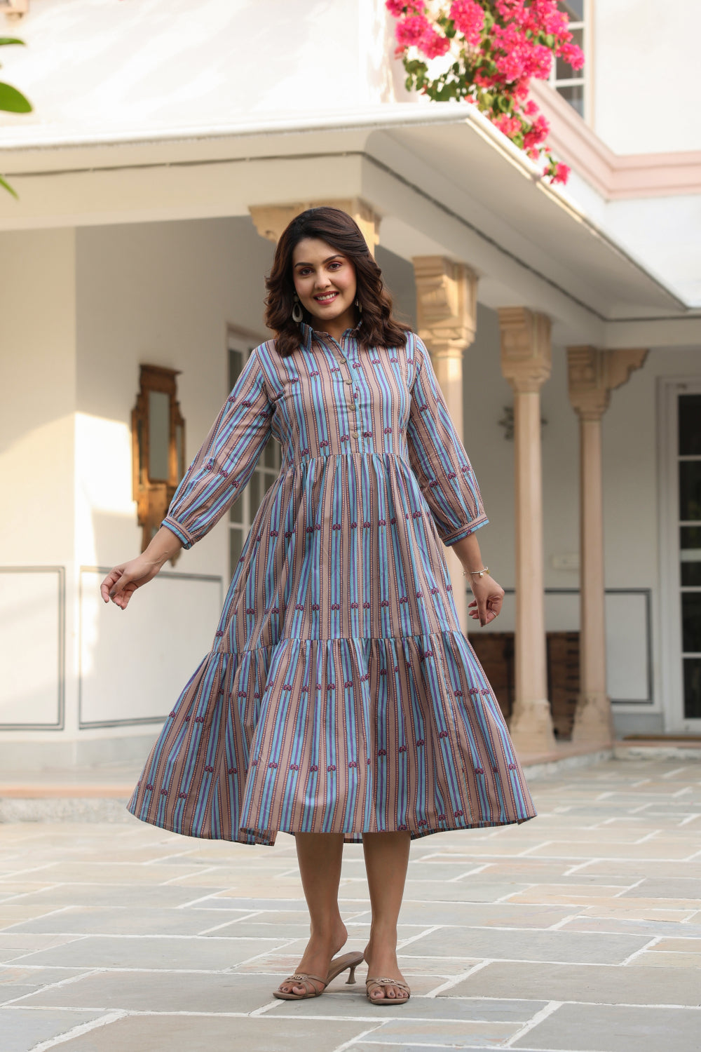 Azure Ajrakh Lines Cotton Dress