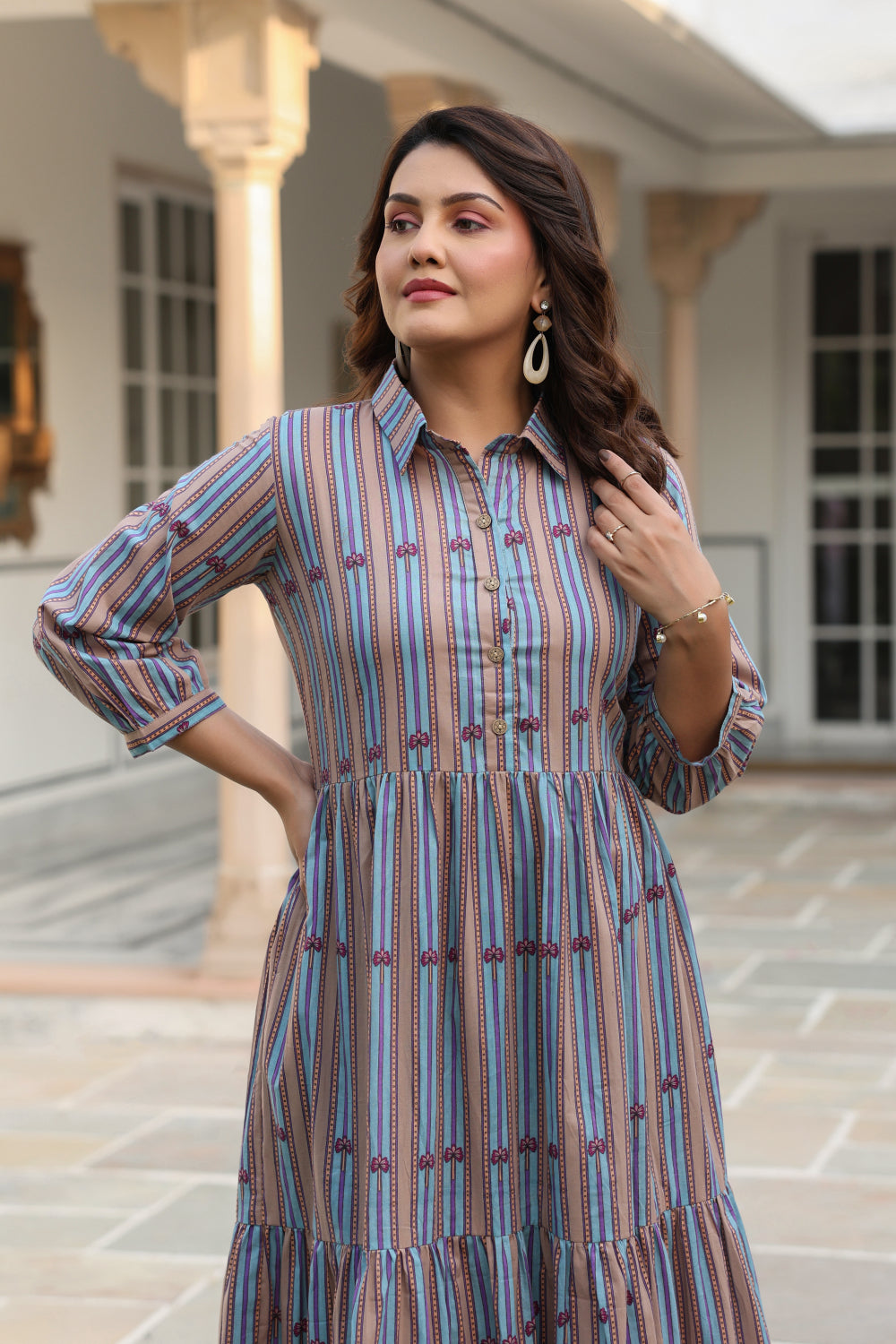 Azure Ajrakh Lines Cotton Maternity - Nursing Dress