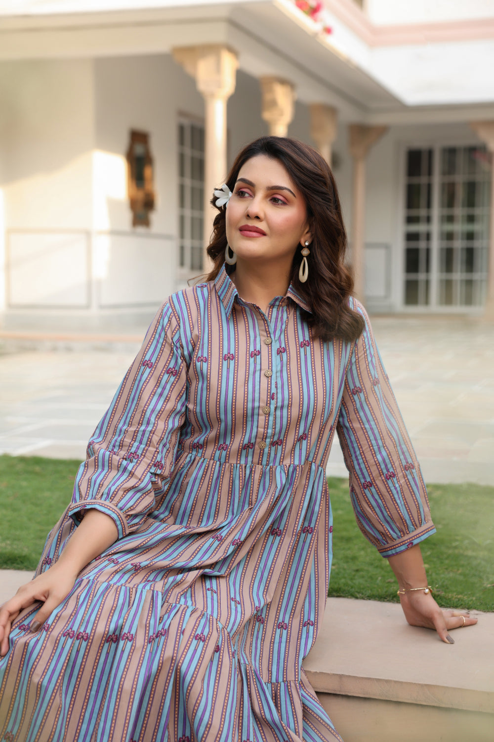 Azure Ajrakh Lines Cotton Dress