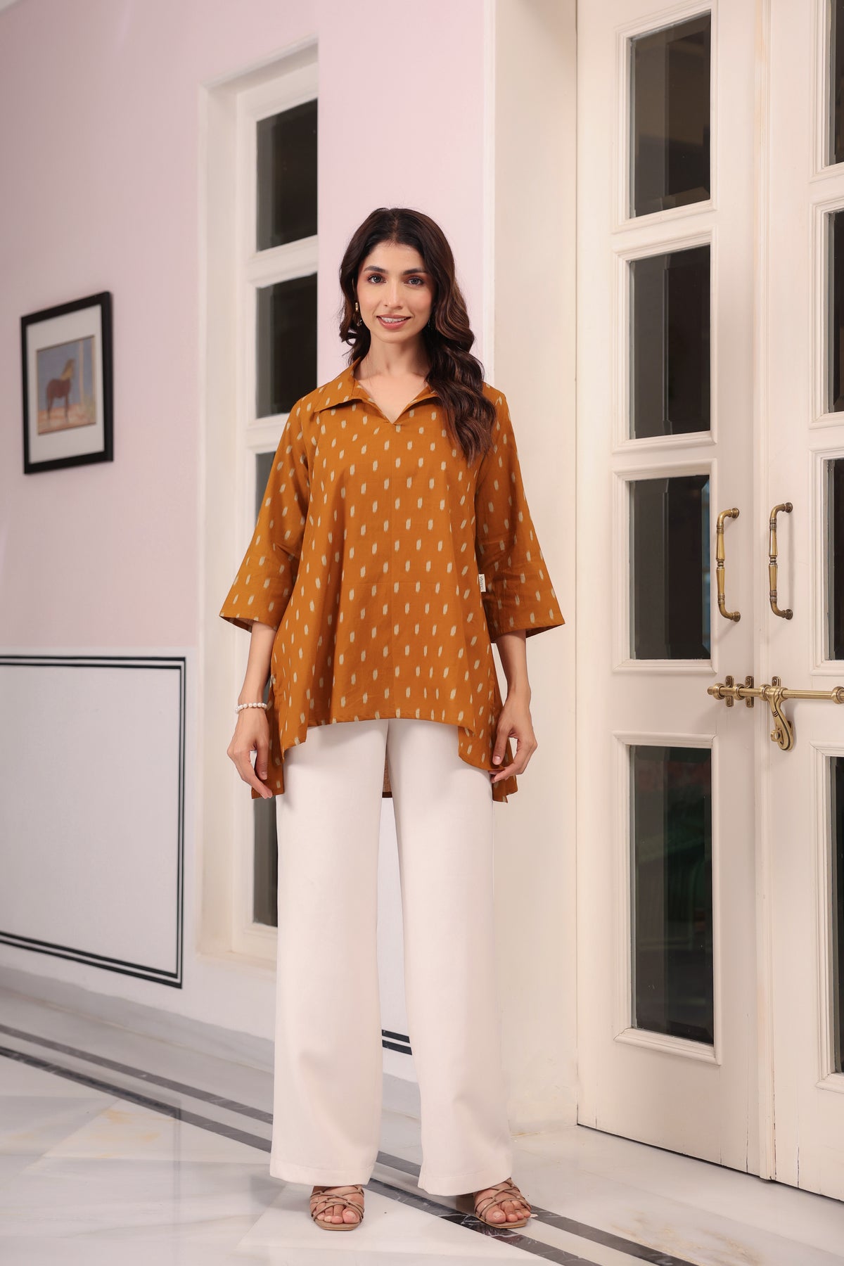 Mustard Loom Print Cotton Top
