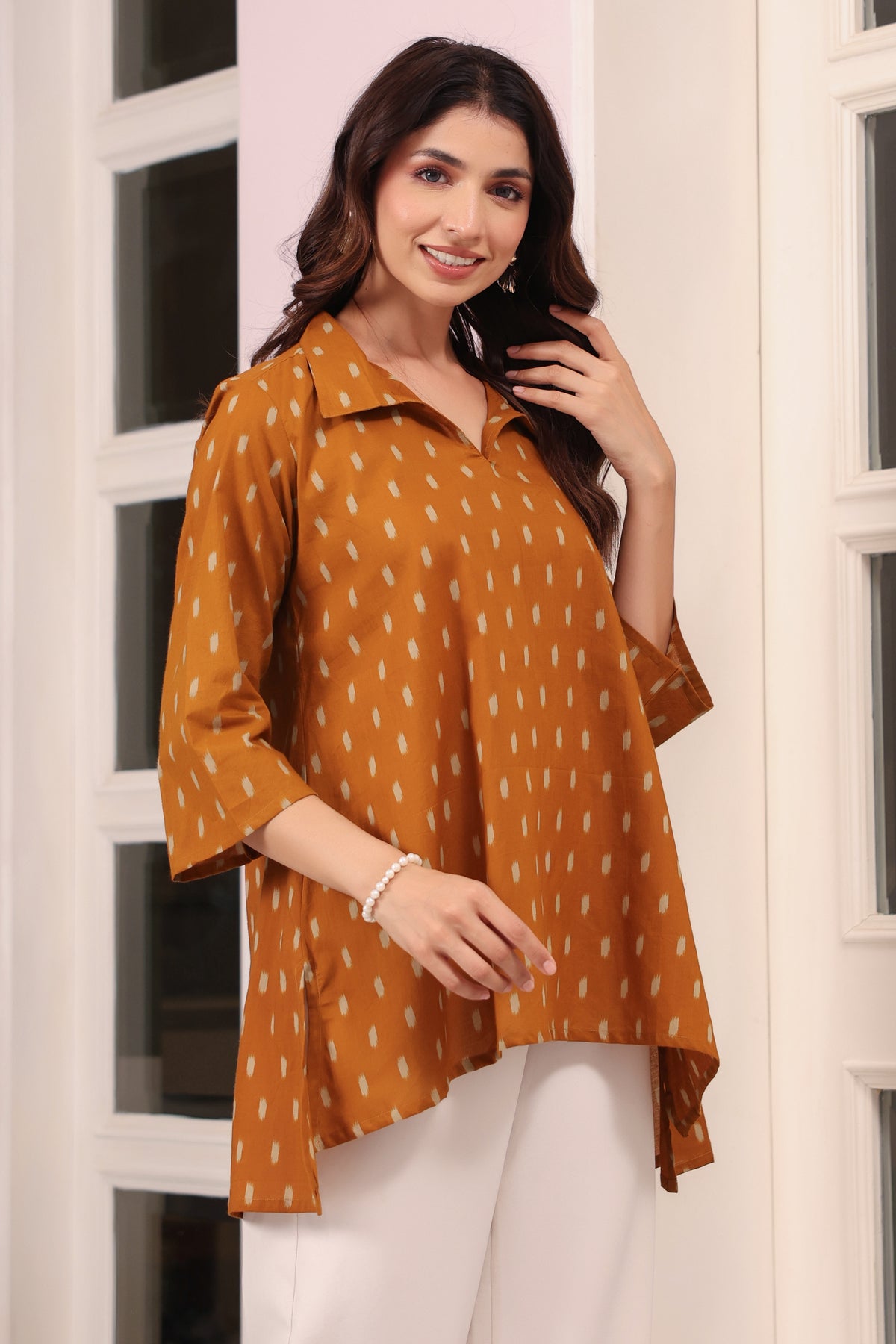 Mustard Loom Print Cotton Top