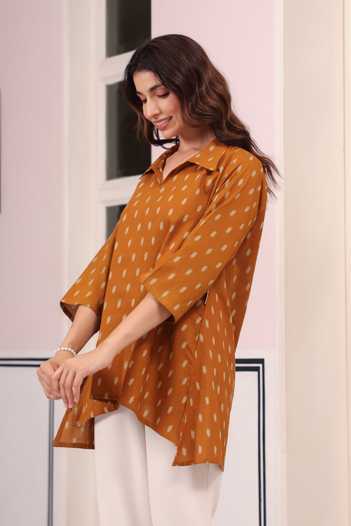 Mustard Loom Print Cotton Top
