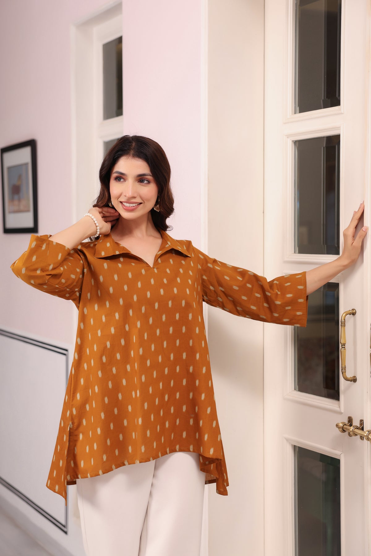 Mustard Loom Print Cotton Top