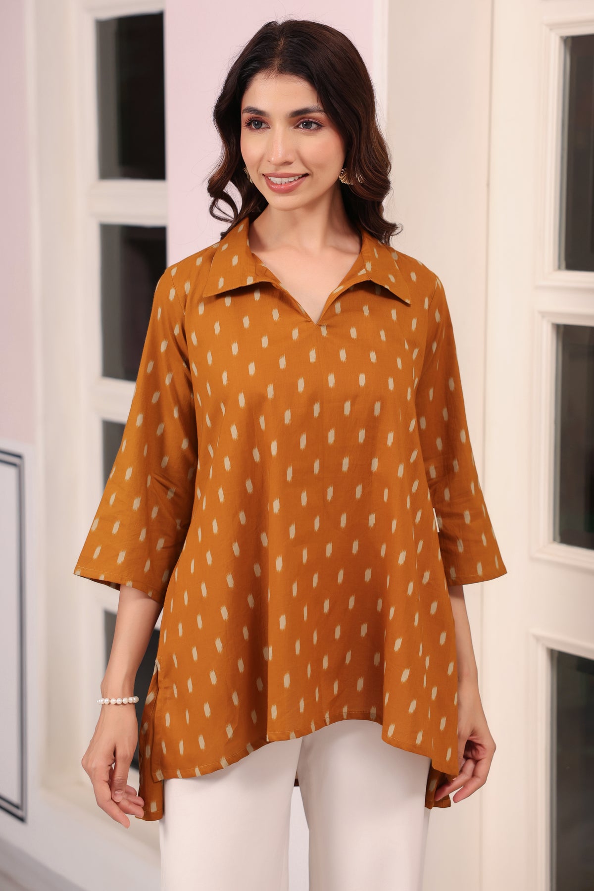 Mustard Loom Print Cotton Top