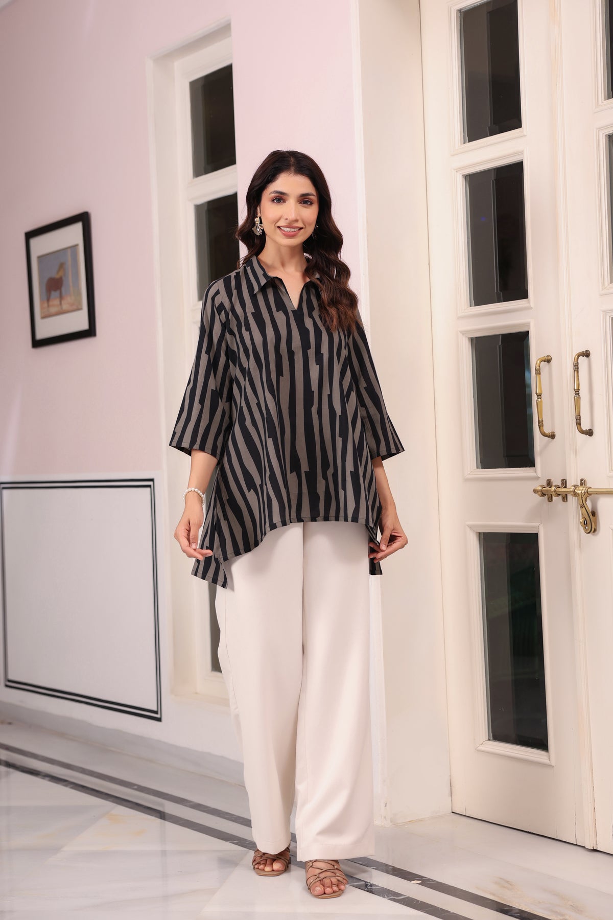 Black Grey Abstract Stripe Cotton Top