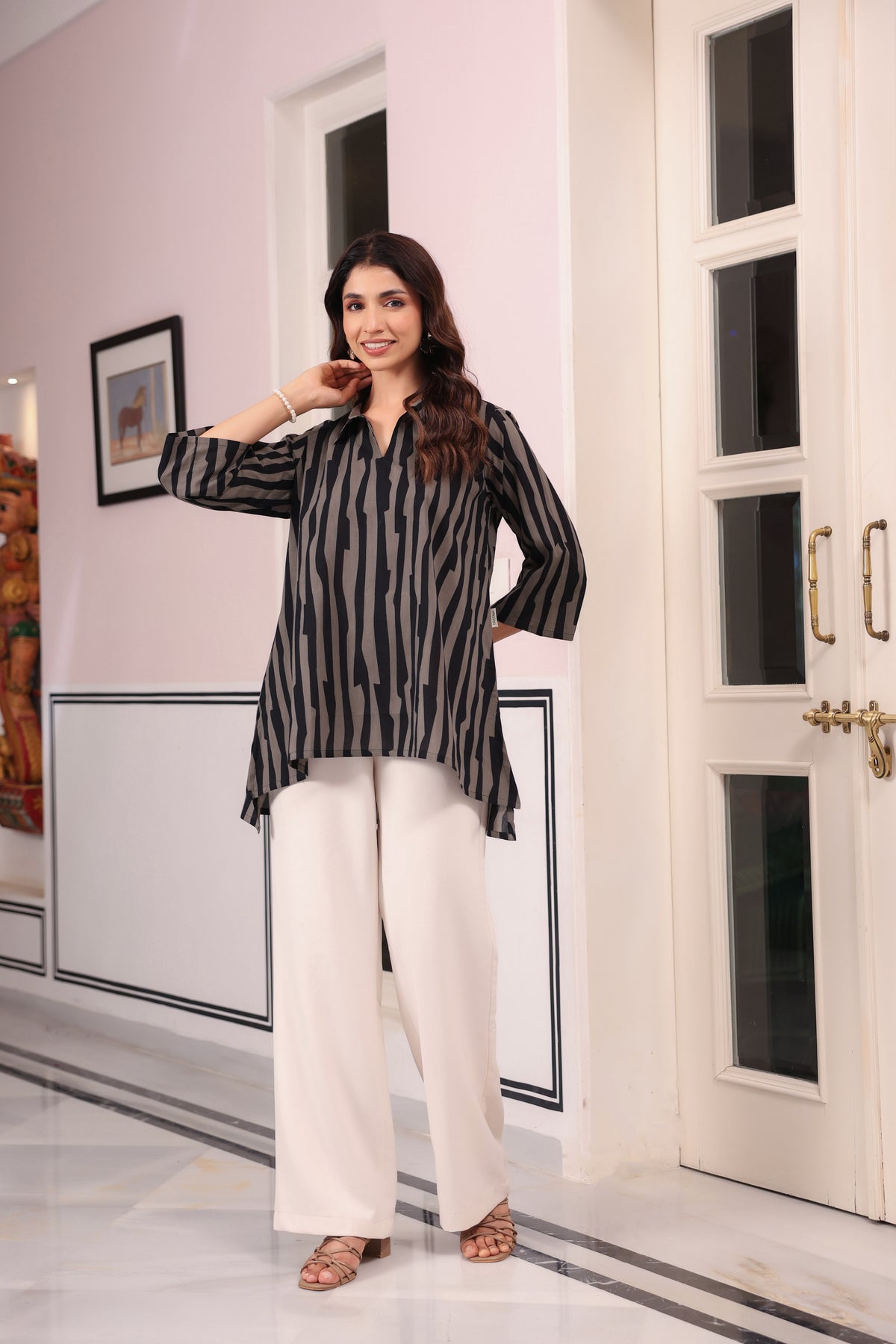 Black Grey Abstract Stripe Cotton Top