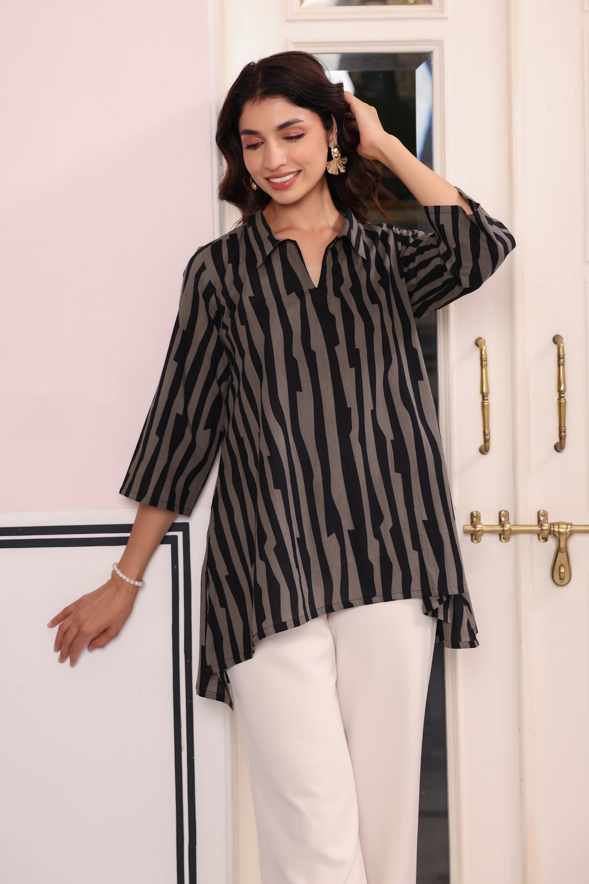 Black Grey Abstract Stripe Cotton Top