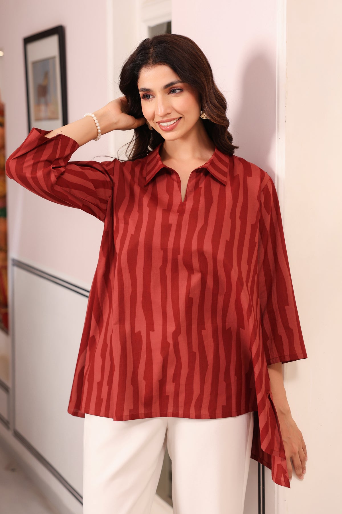 Rust Abstract Stripe Cotton Top