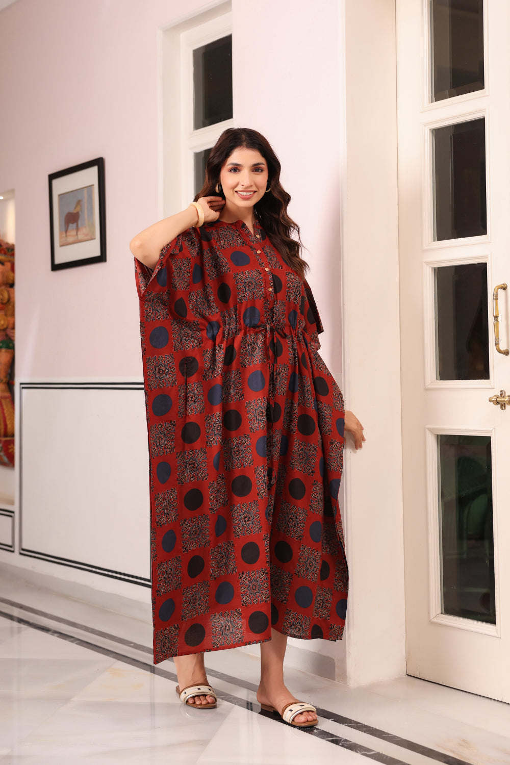 Maroon Mandala Cotton Kaftan ( One-Size )