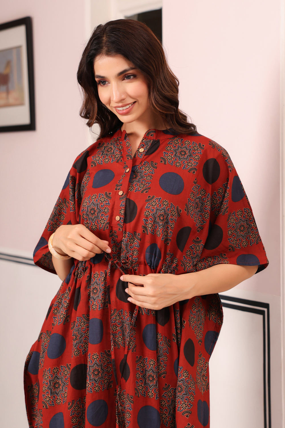 Maroon Mandala Cotton Kaftan ( One-Size )