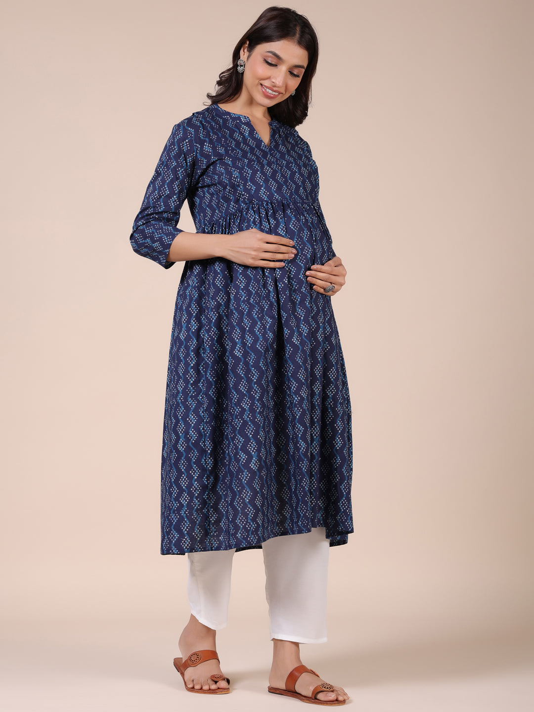 Prussian Blue Cotton Maternity - Nursing Kurta
