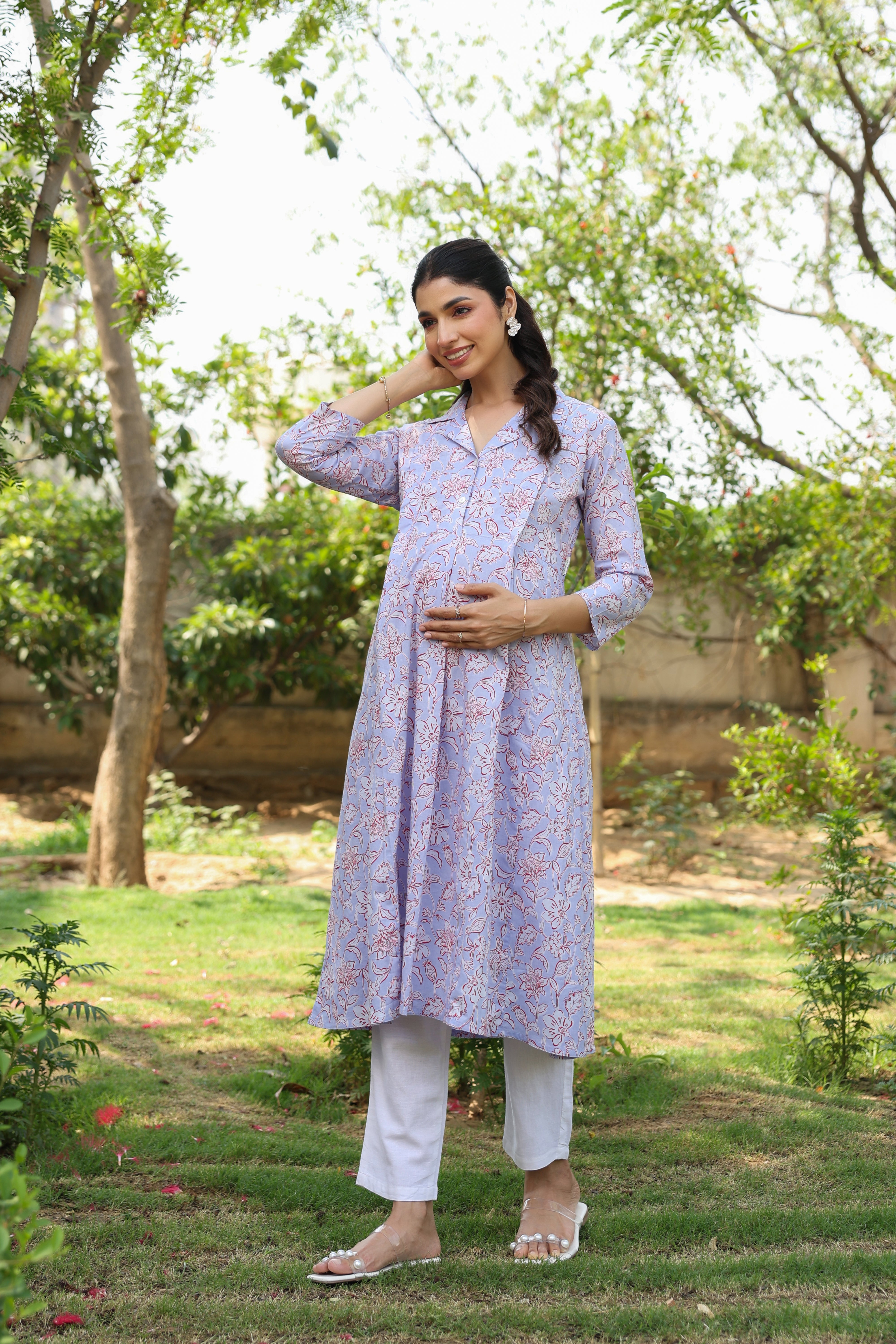 Lavender Fern Bloom Cotton Maternity - Nursing Kurta