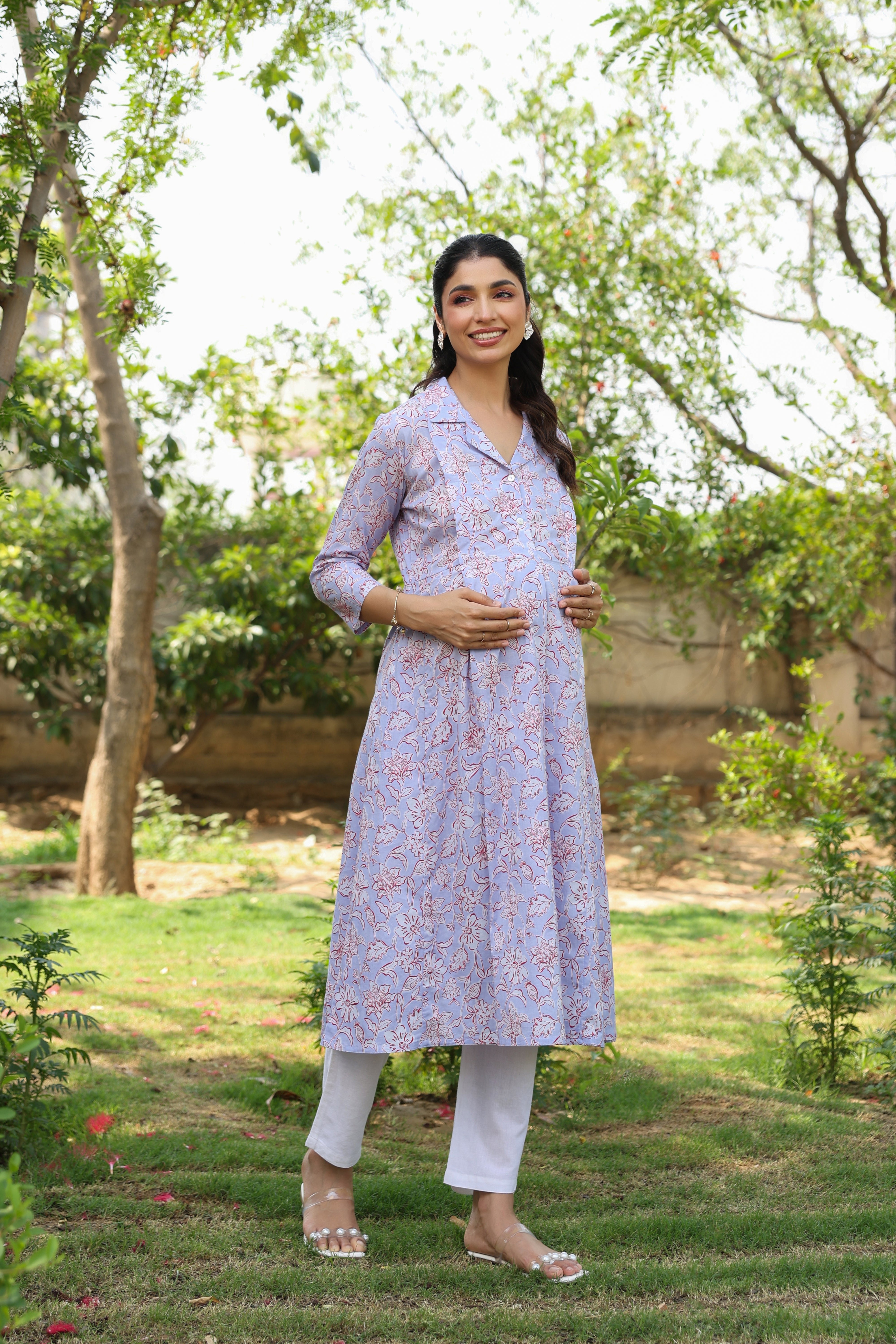 Lavender Fern Bloom Cotton Maternity - Nursing Kurta