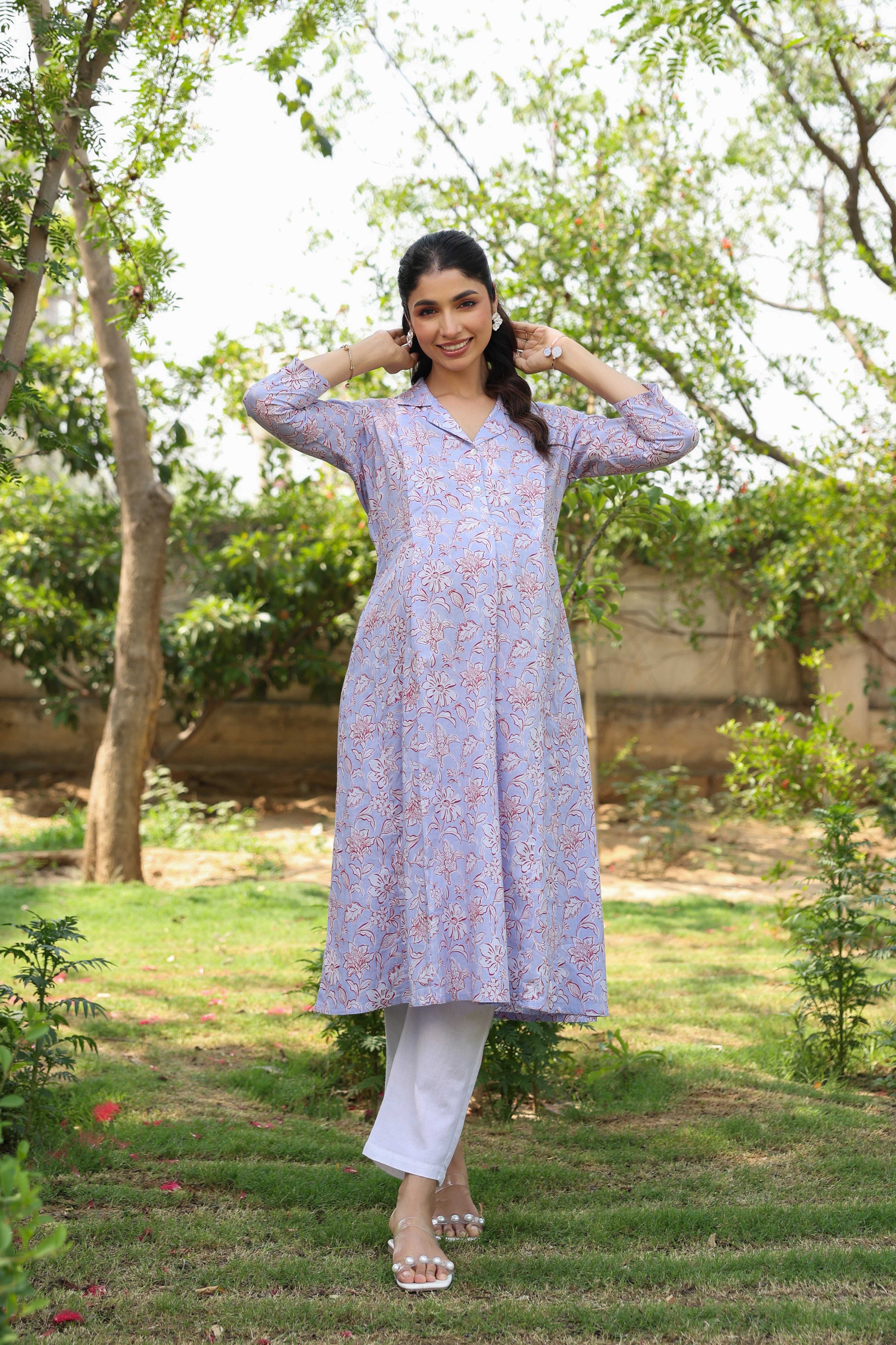 Lavender Fern Bloom Cotton Maternity - Nursing Kurta