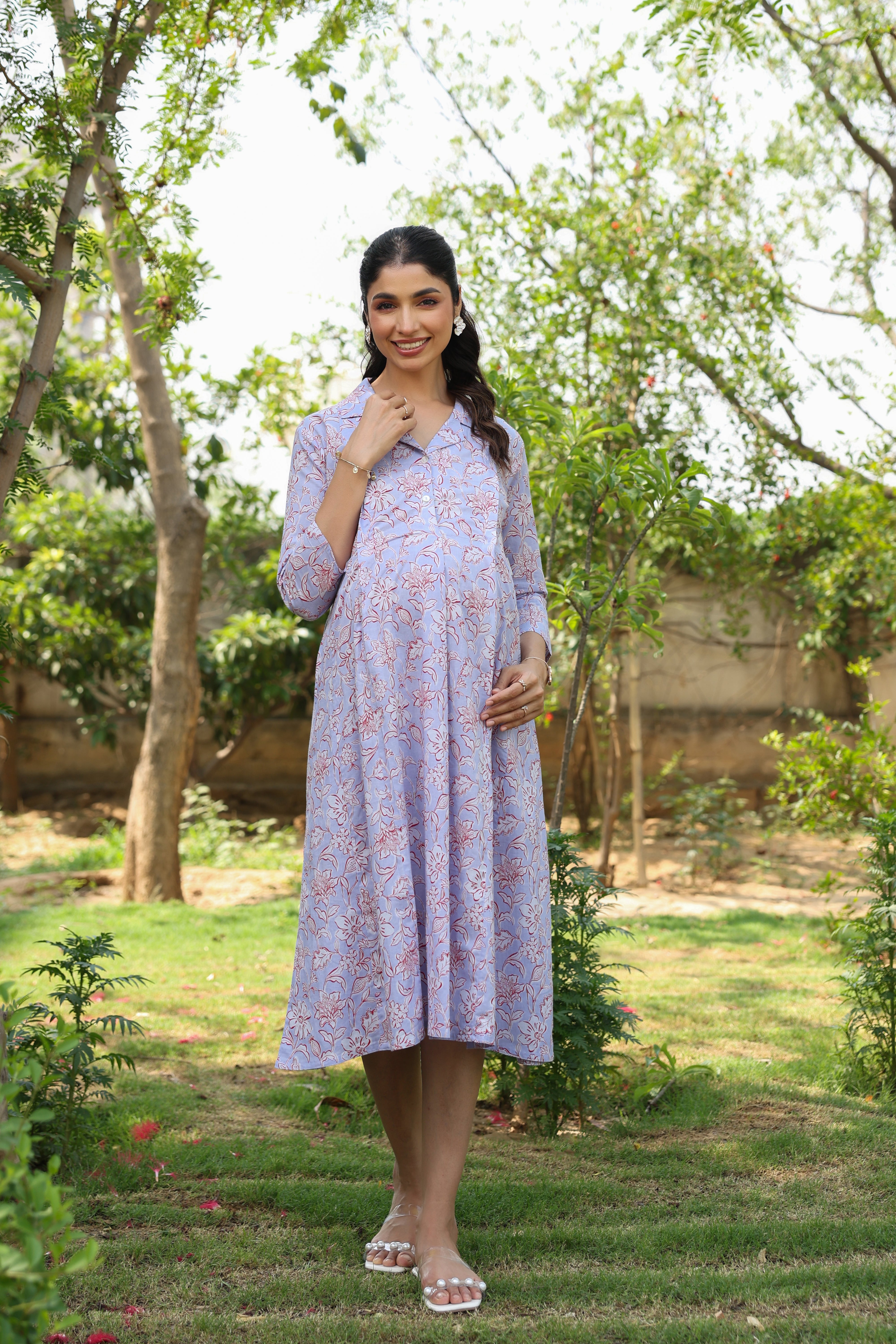 Lavender Fern Bloom Cotton Maternity - Nursing Dress