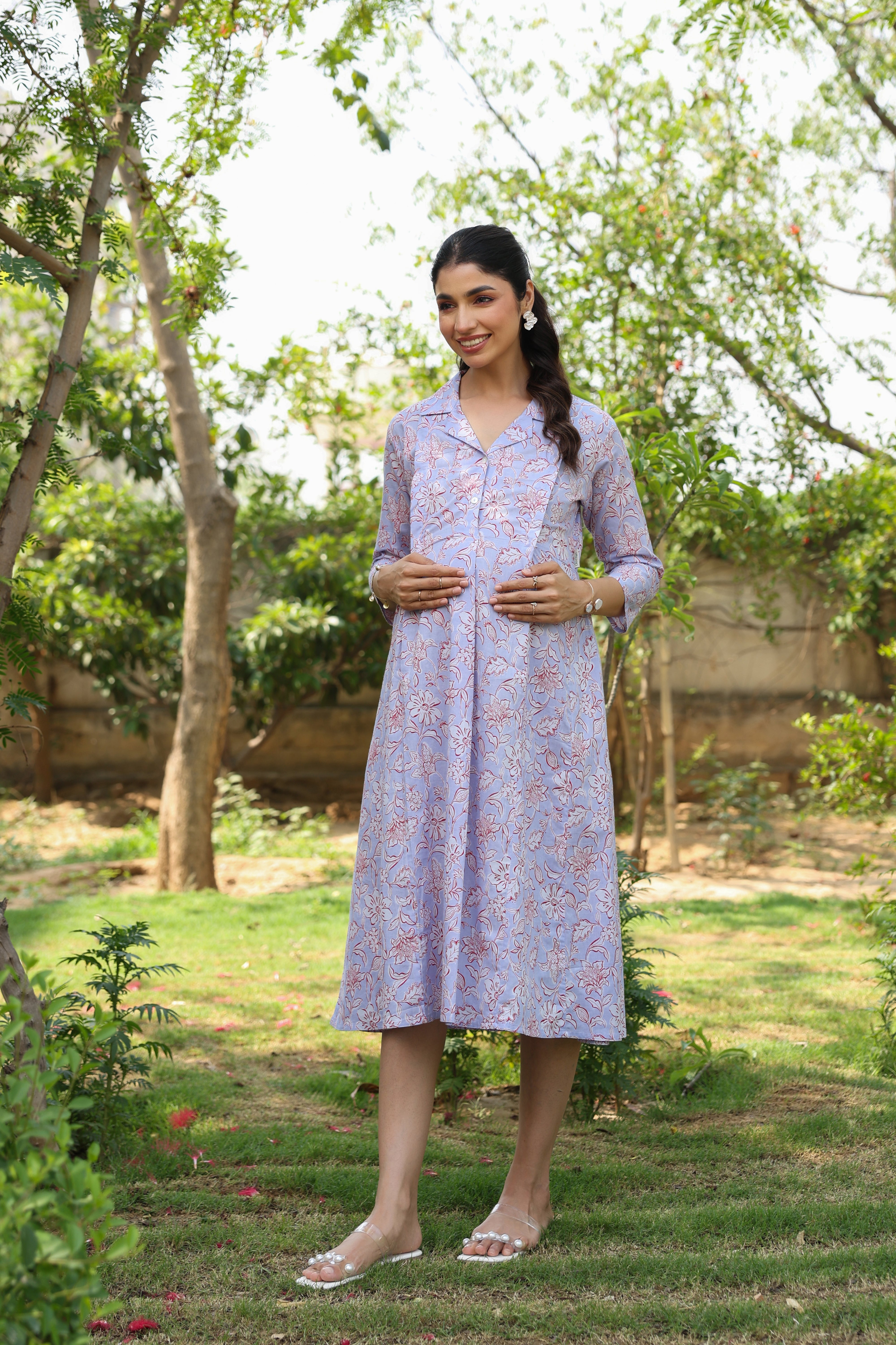 Lavender Fern Bloom Cotton Maternity - Nursing Dress
