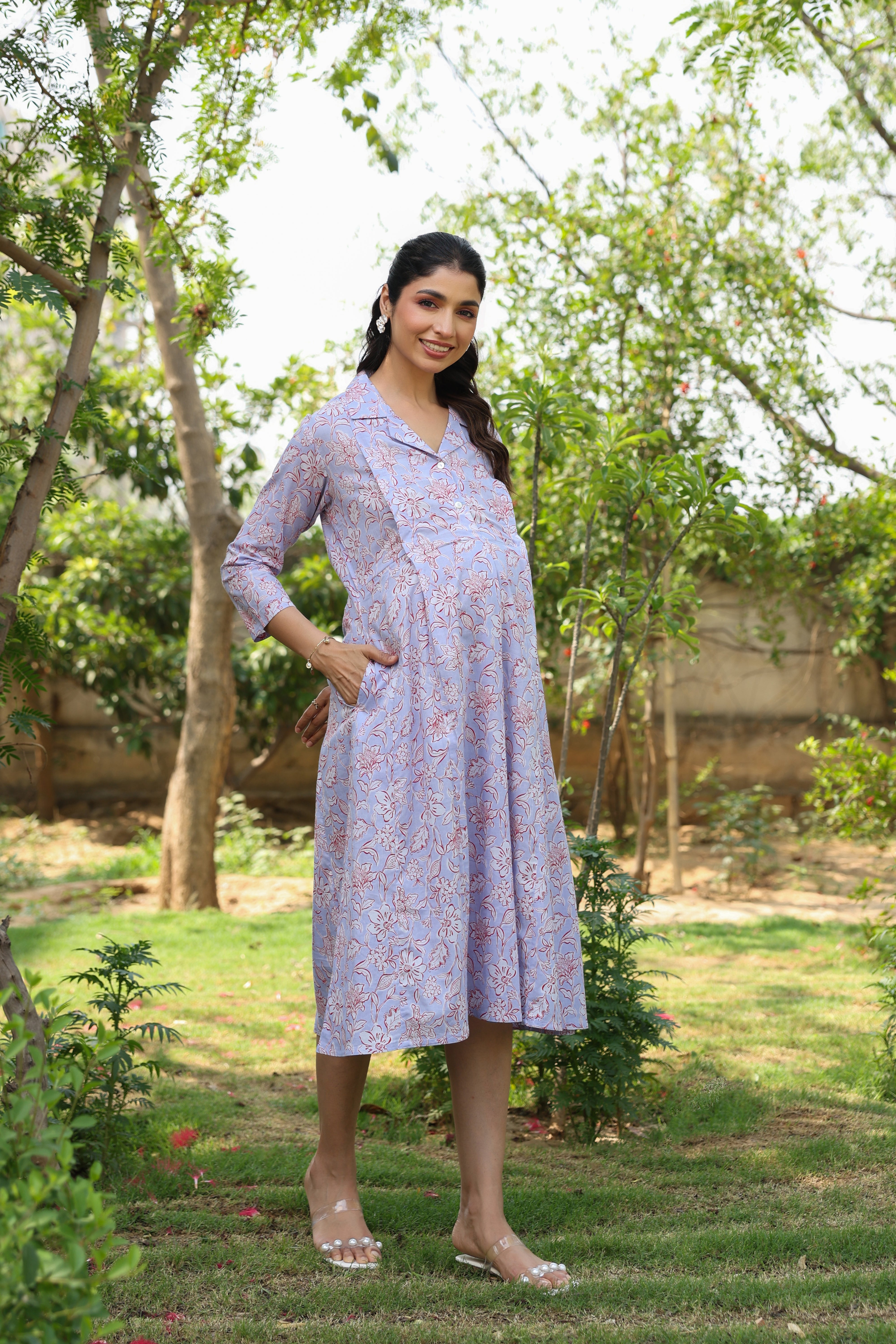 Lavender Fern Bloom Cotton Maternity - Nursing Dress