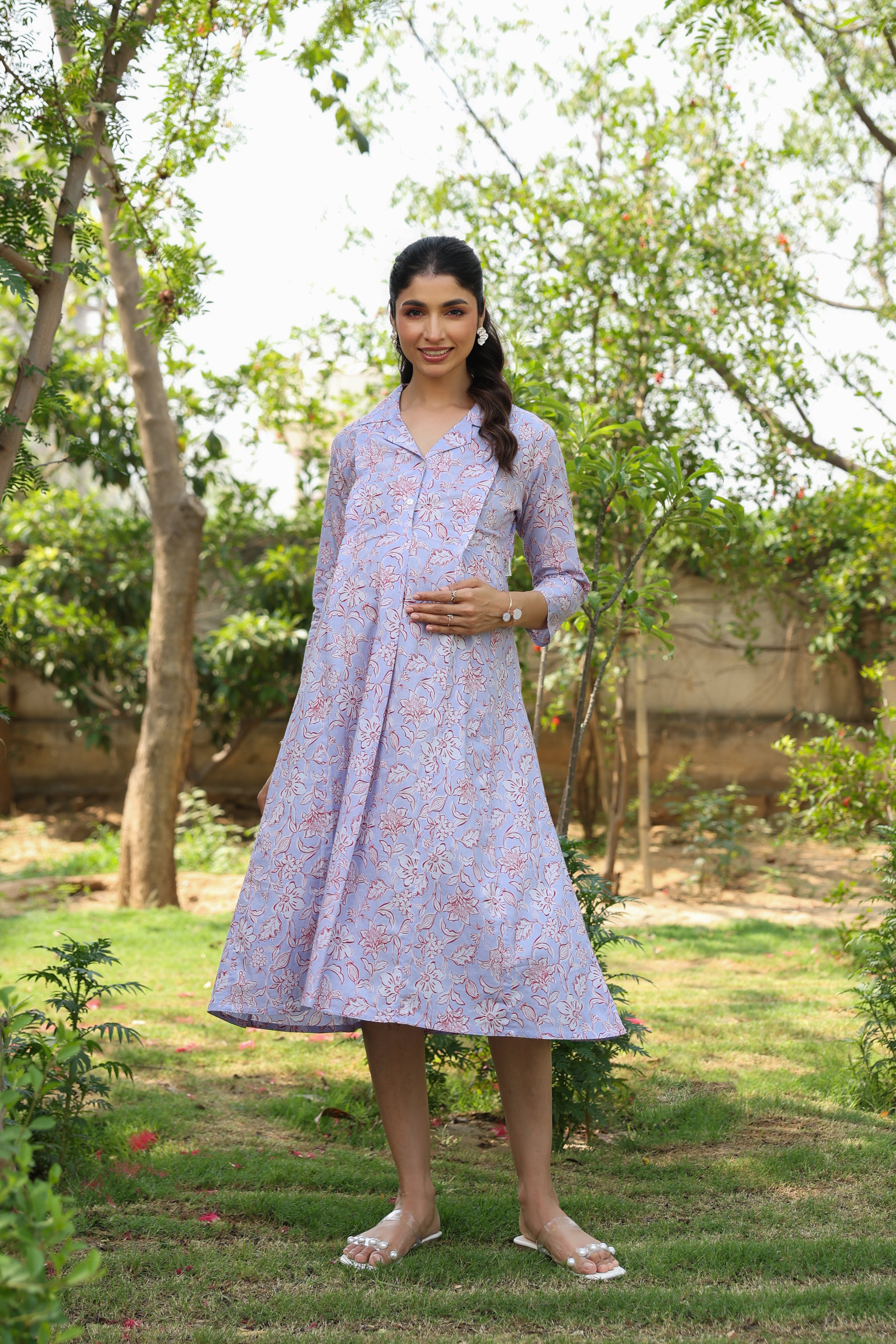 Lavender Fern Bloom Cotton Maternity - Nursing Dress