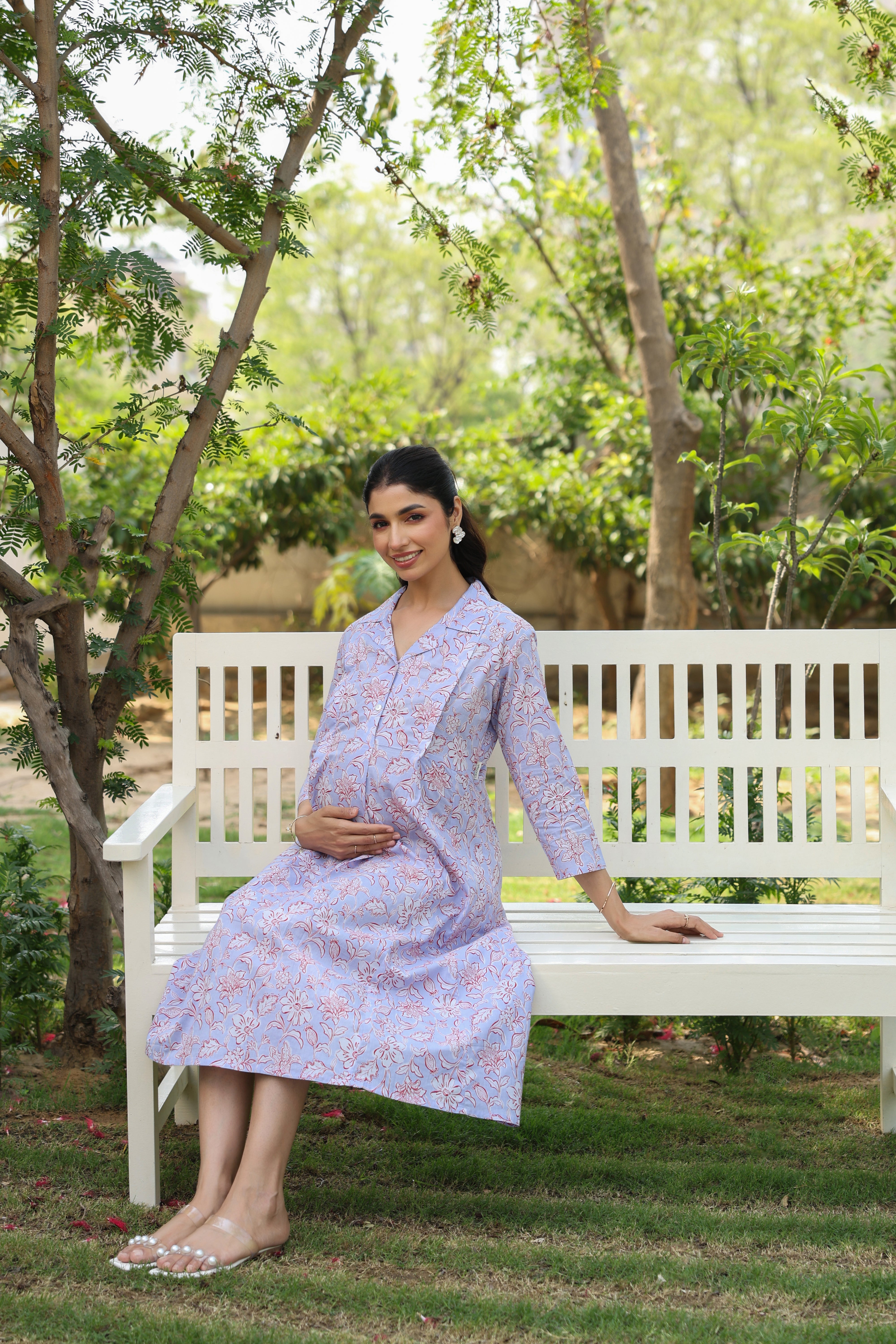 Lavender Fern Bloom Cotton Maternity - Nursing Dress