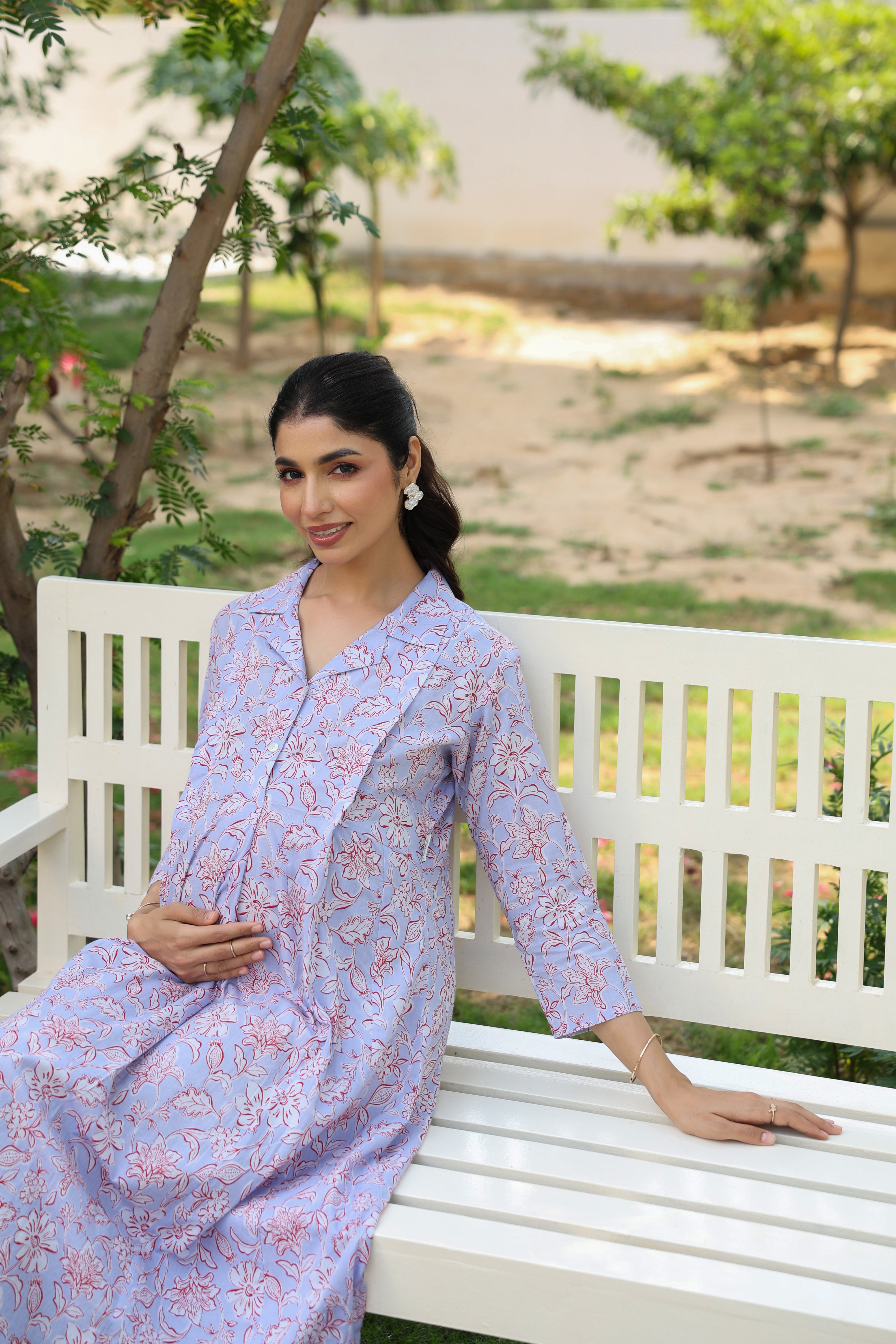 Lavender Fern Bloom Cotton Maternity - Nursing Kurta