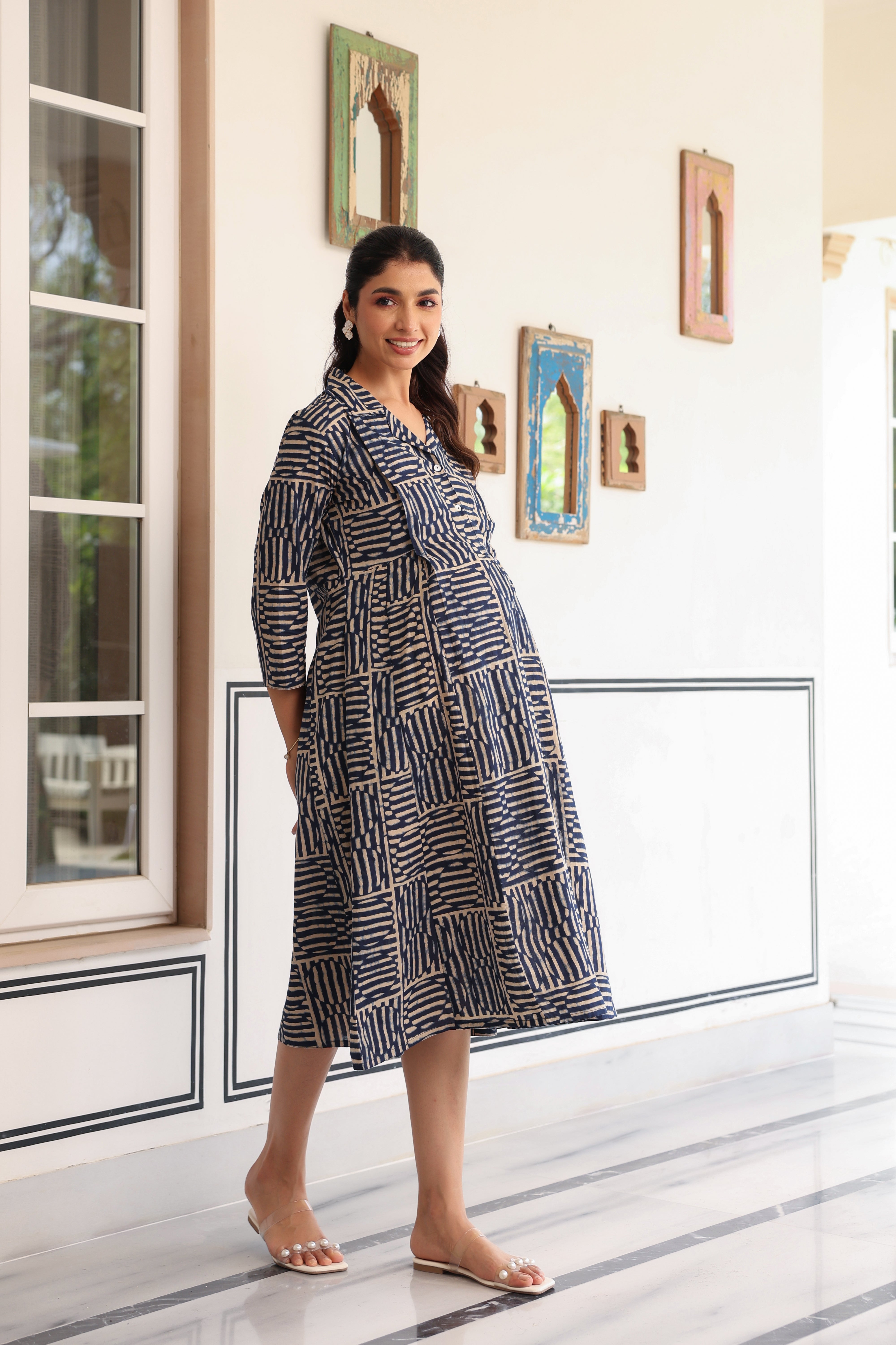 Indigo Maze Cotton Maternity - Nursing Dress