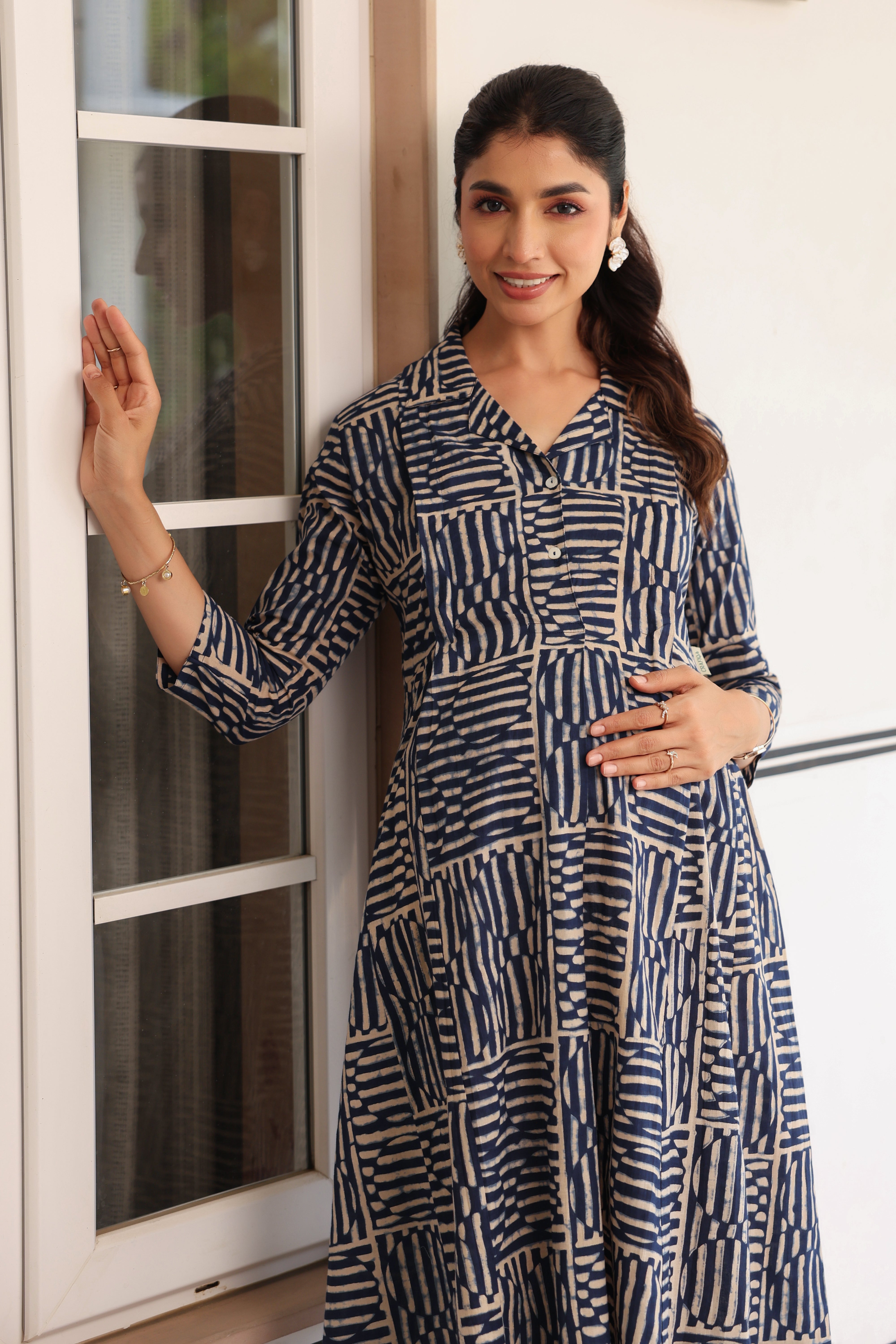 Indigo Maze Cotton Maternity - Nursing Kurta