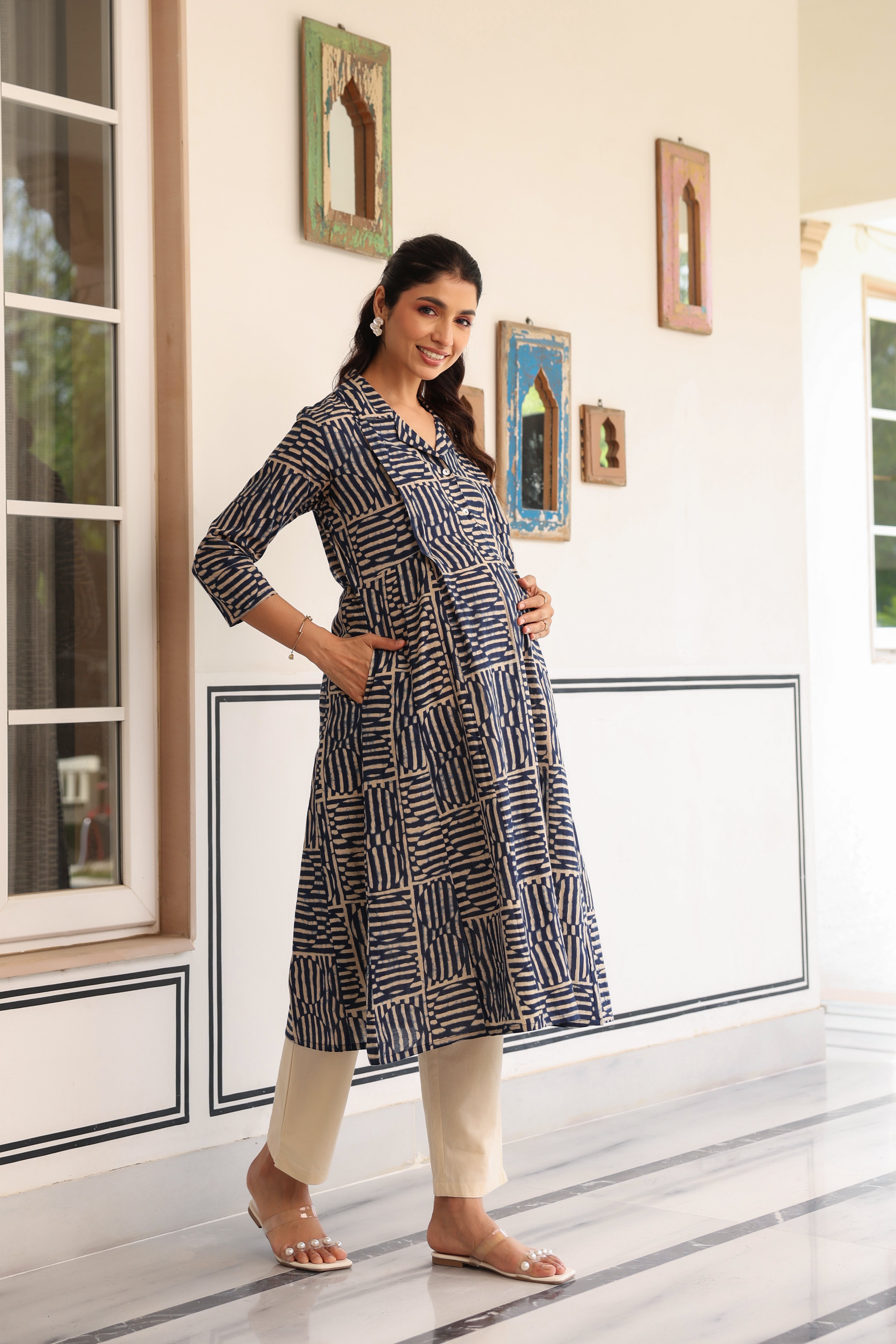 Indigo Maze Cotton Maternity - Nursing Kurta